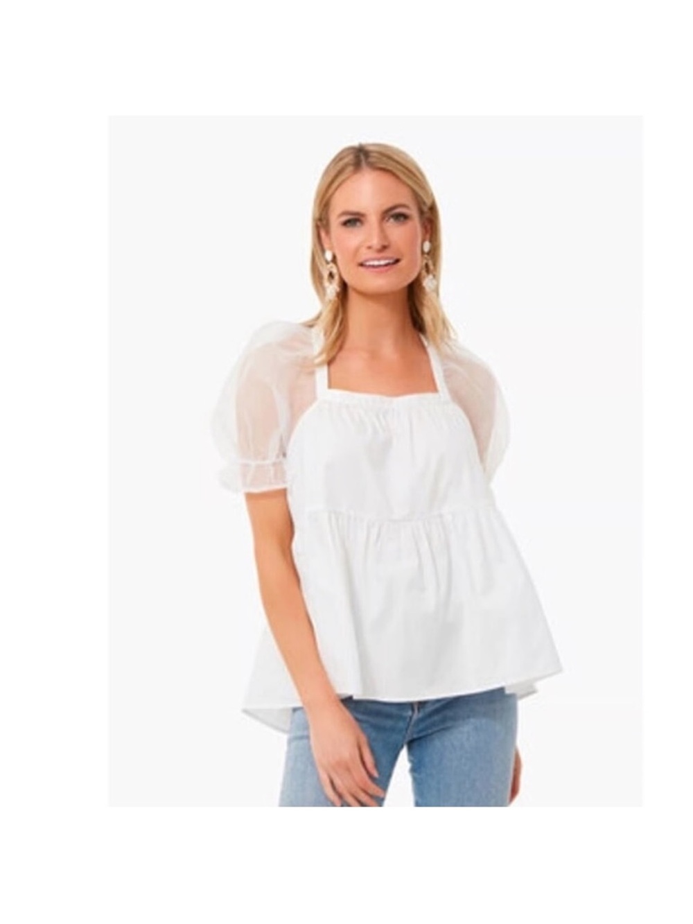 Pomander Place White Sheer-Puff Square-Neck Peplum Top